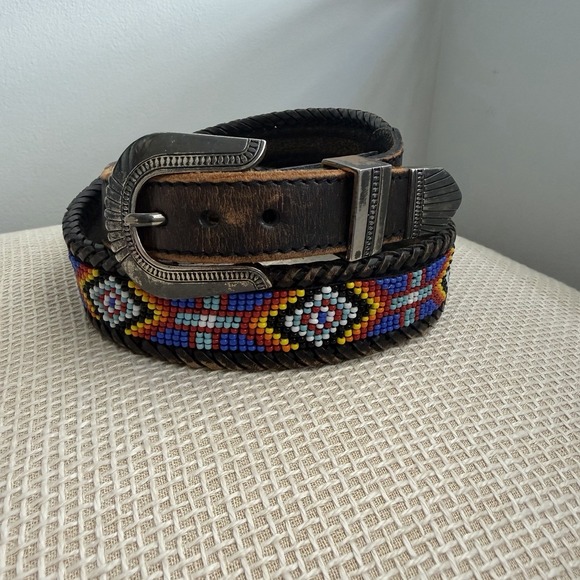 None Accessories - VTG Beaded Leather Belt Size 30 Southwestern Aztec Silver Buckle Country Western